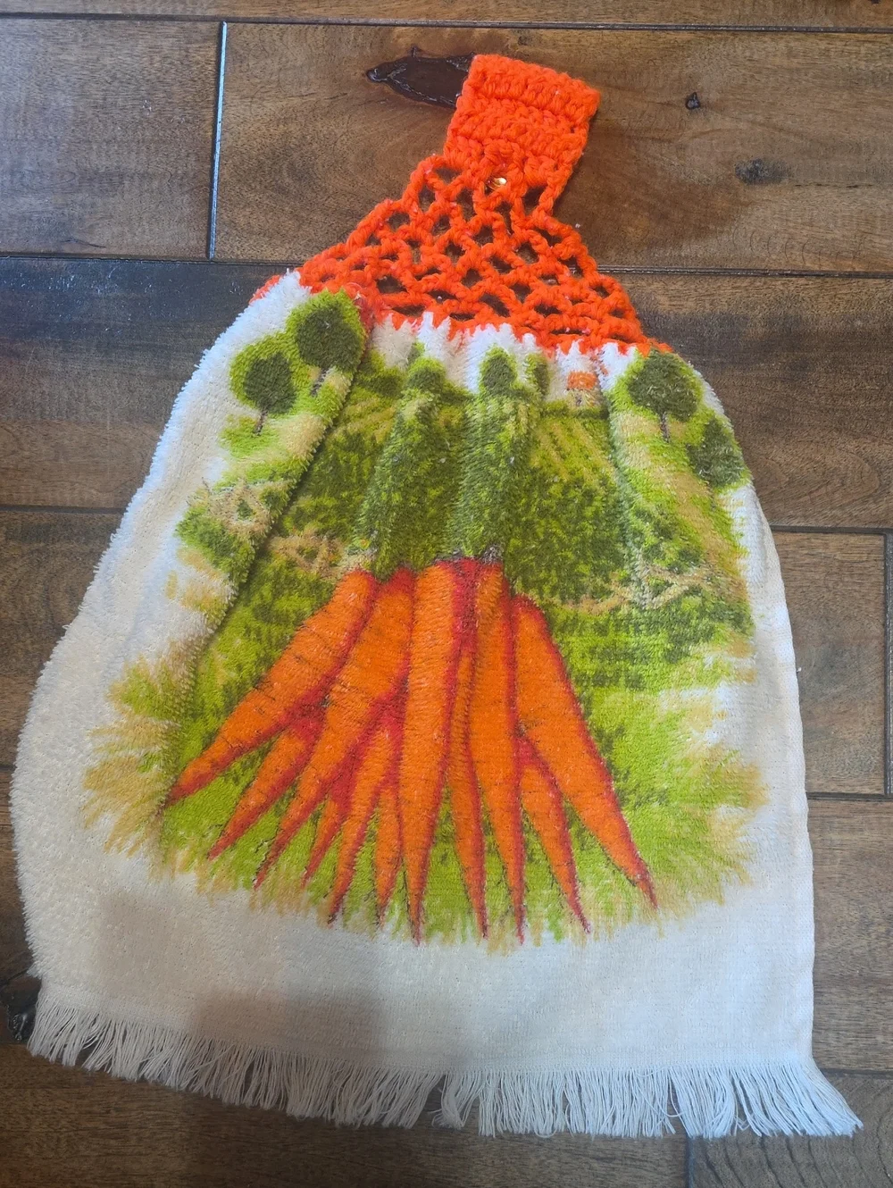 Set of 3 Vintage Kitchen Towels Crochet Top Vegetables Mushrooms Grannycore